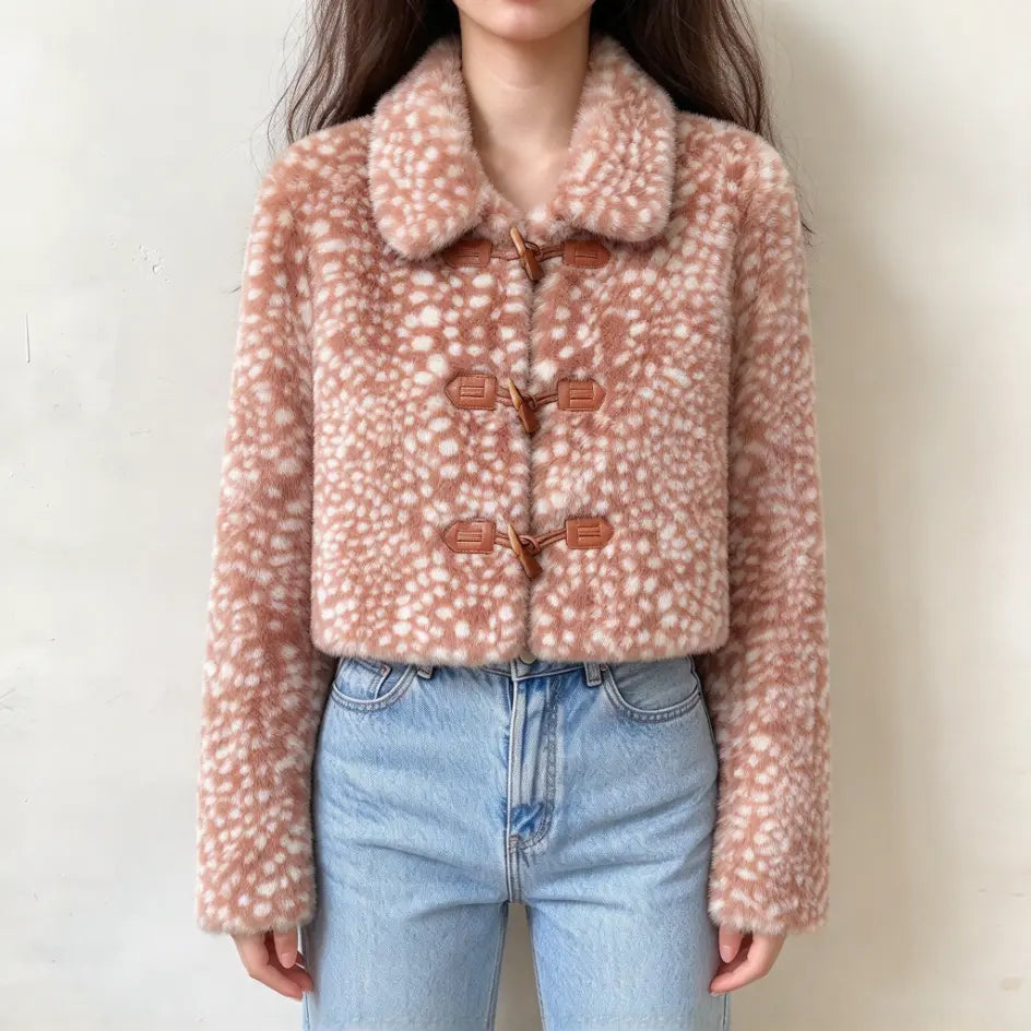 Model wearing deer spot print faux fur toggle cropped jacket with jeans, front view