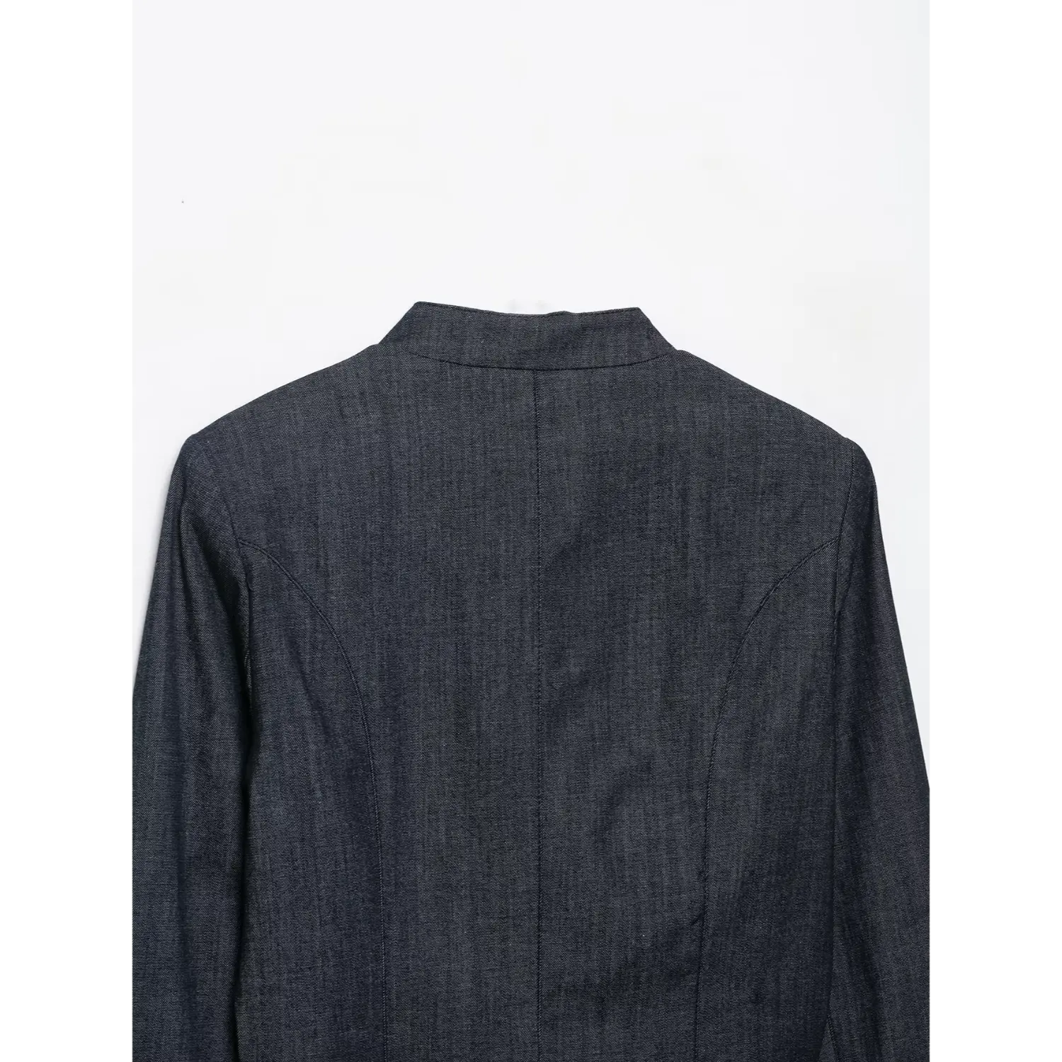 Close-up back tailored seam stand collar dark denim lace jacket