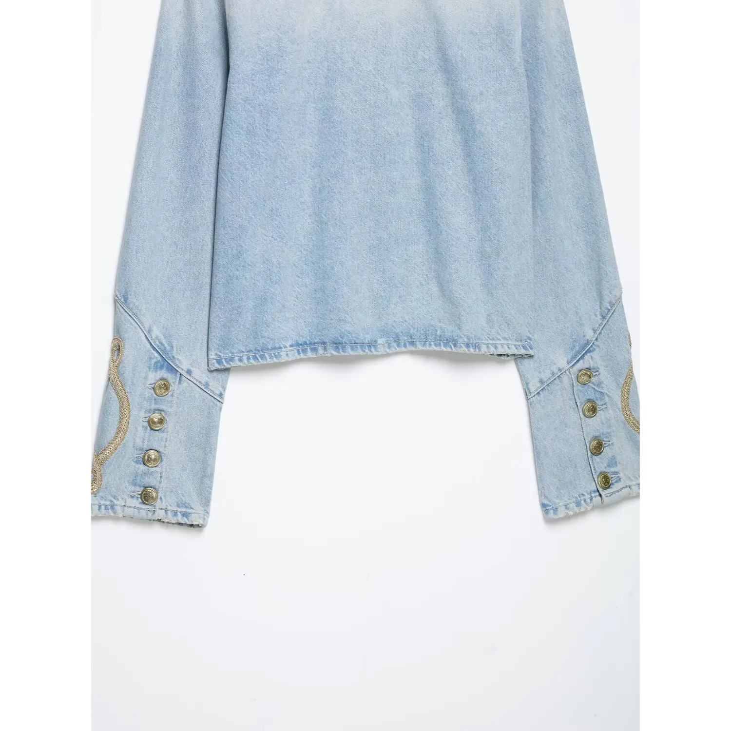 Cropped denim jacket hem & long sleeve cuff detail with gold braid embroidery and vintage metal buttons