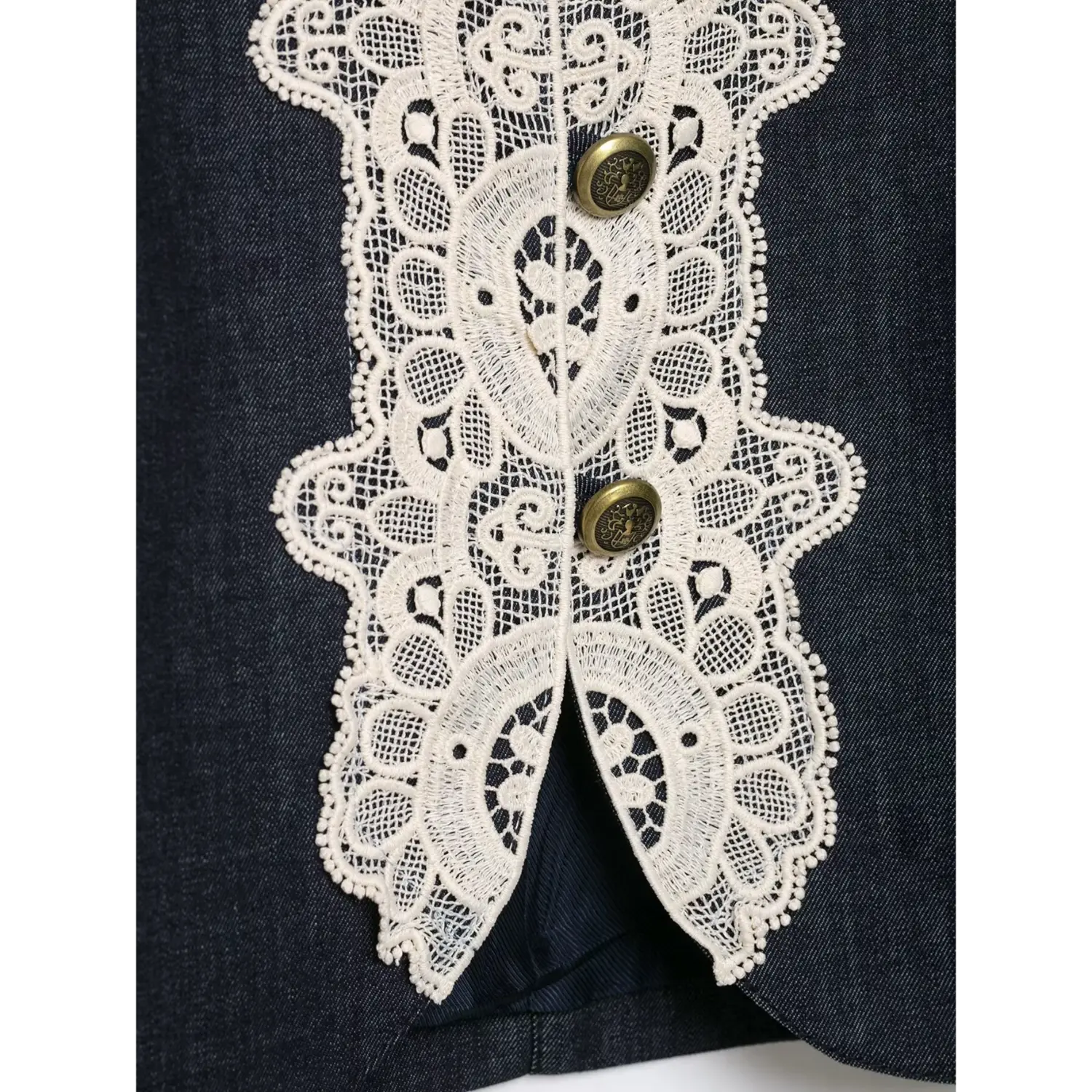 Macro view white lace trim and vintage metal buttons denim cropped blazer
