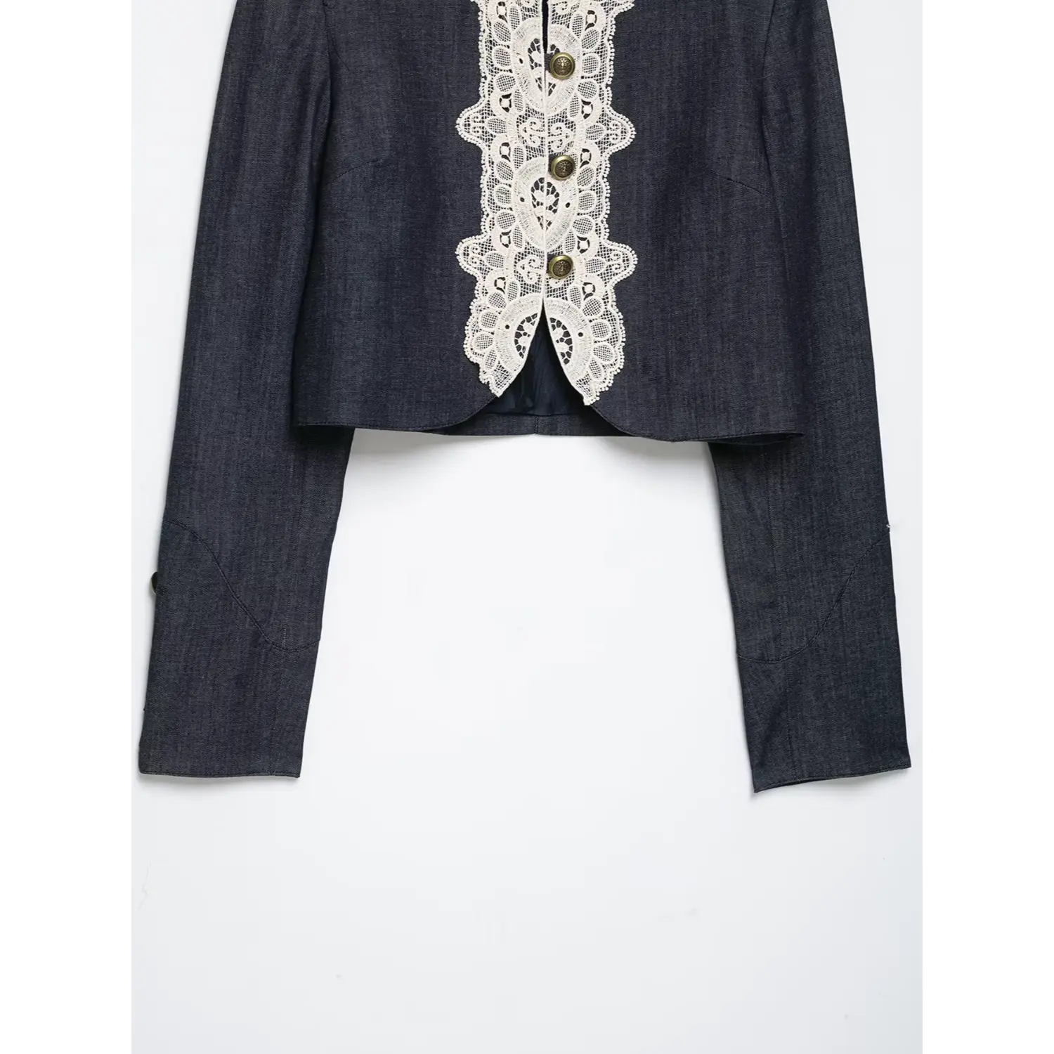 Lower front view cropped hem and lace placket denim blazer