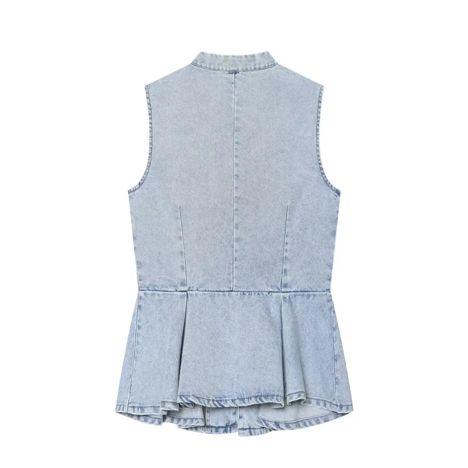 Back flat lay denim vest, vertical center back seam, structured peplum hem