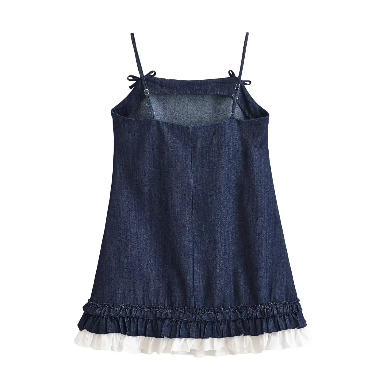 Flat lay back view of dark denim cami mini dress, adjustable metal slider straps, cut‑out back detail, double ruffle hem with white frill trim