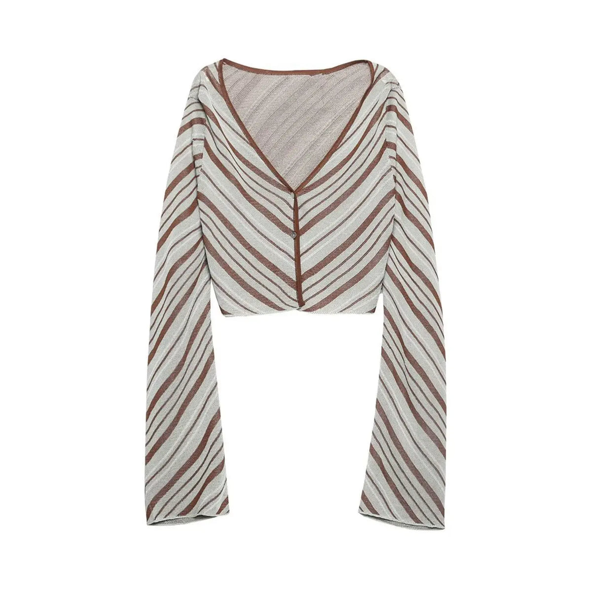 Front flat lay of diagonal stripe cropped V neck knit cardigan