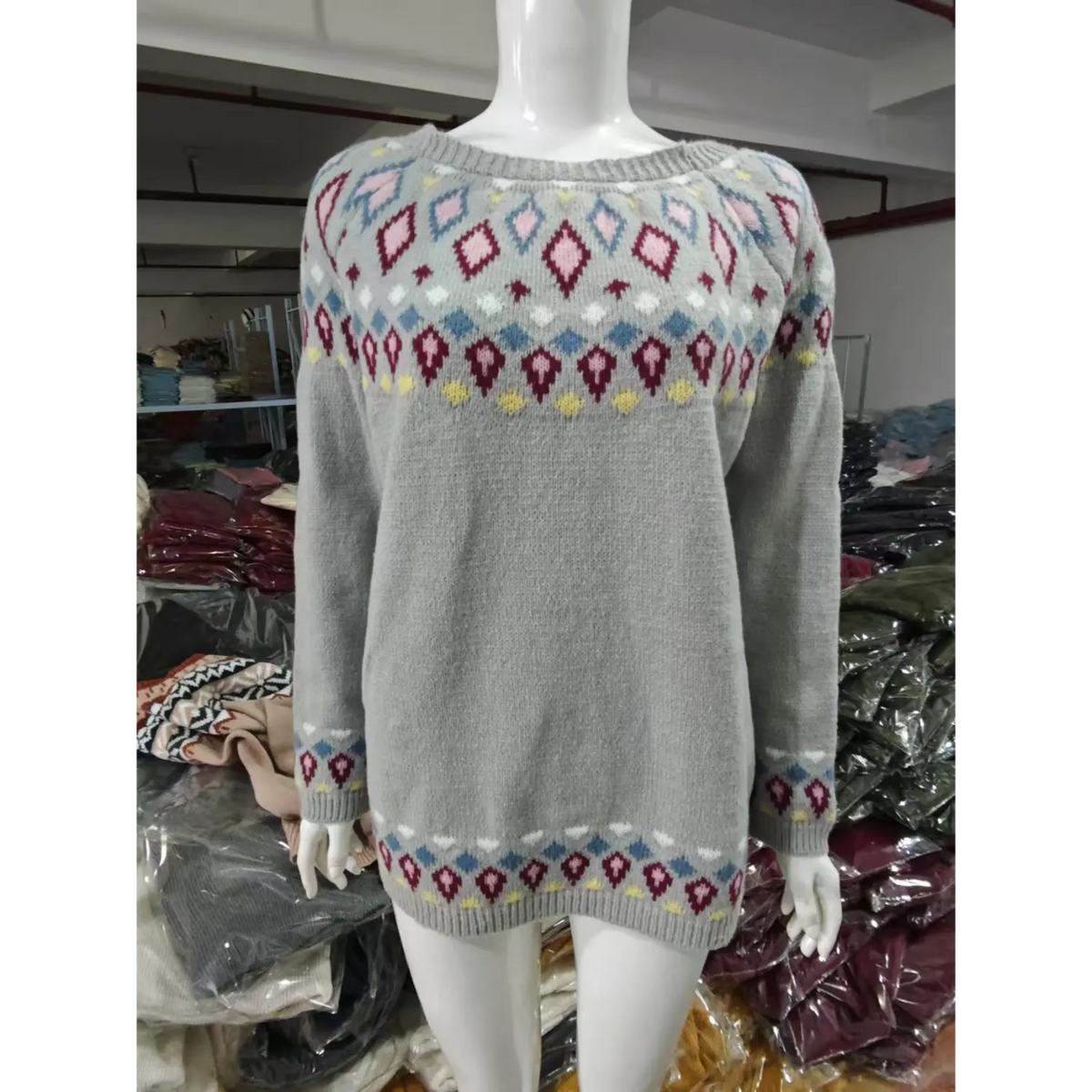 Front view of diamond fair isle yoke knit sweater on mannequin