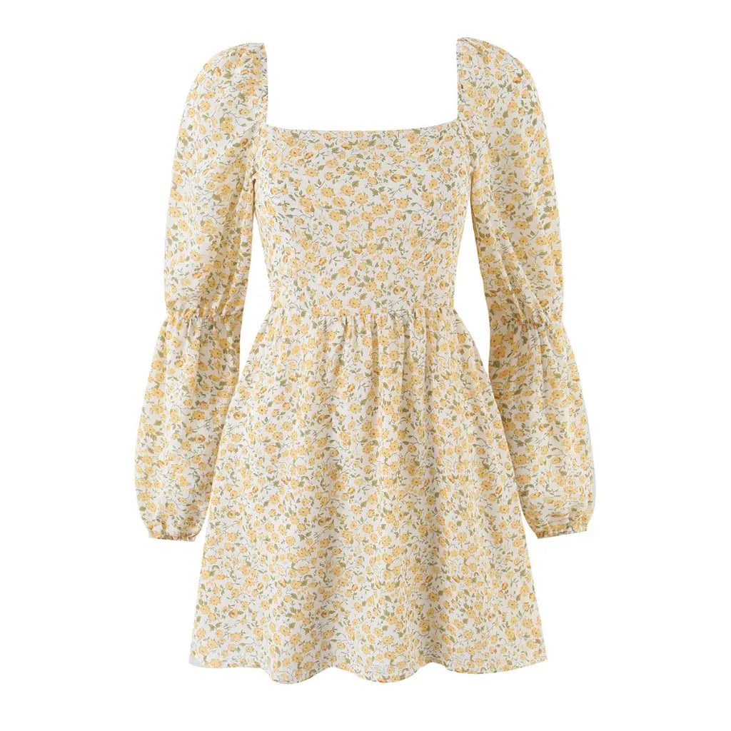 Ditsy floral square neck puff sleeve mini dress, front flat lay