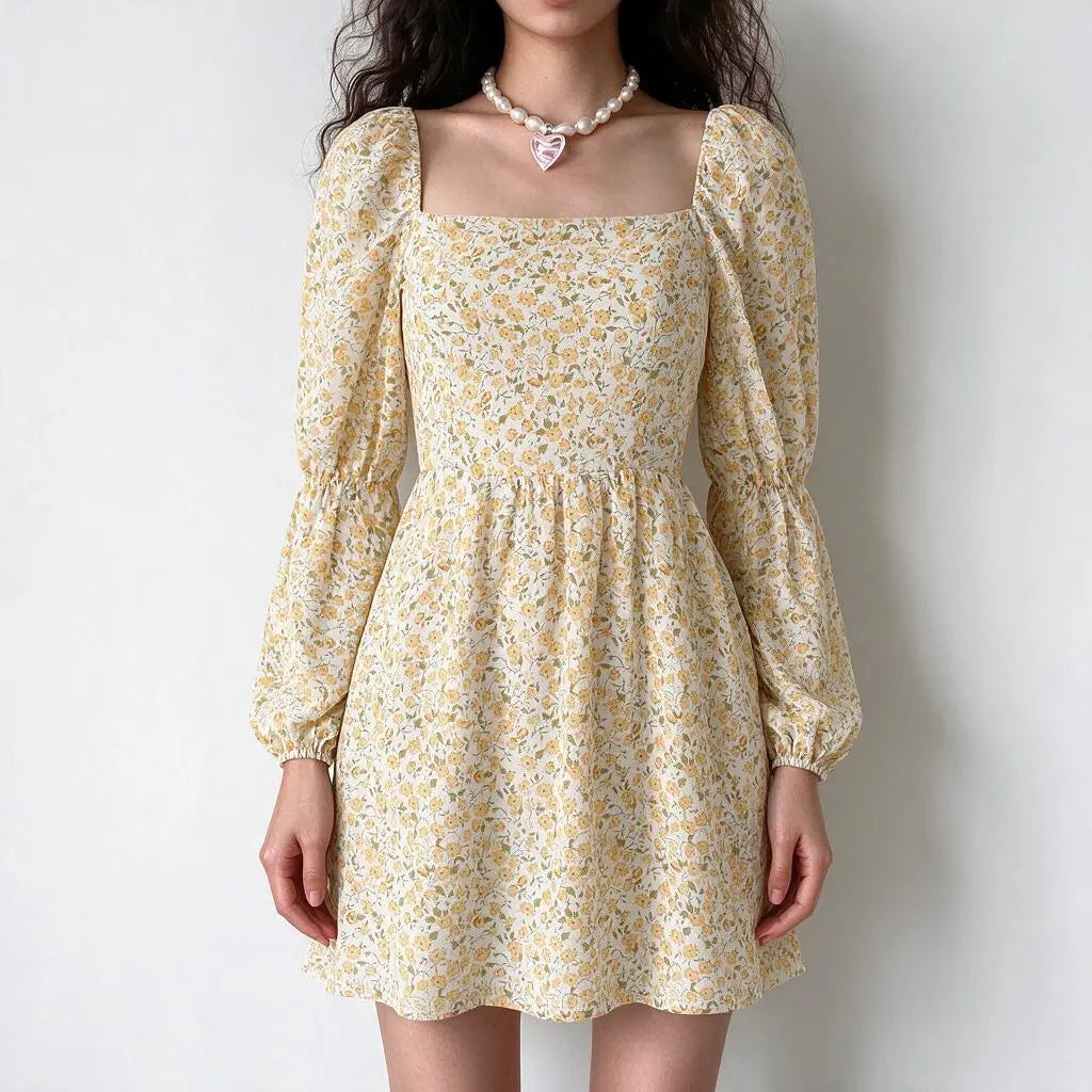 Model wearing ditsy floral square neck puff sleeve mini dress, front view