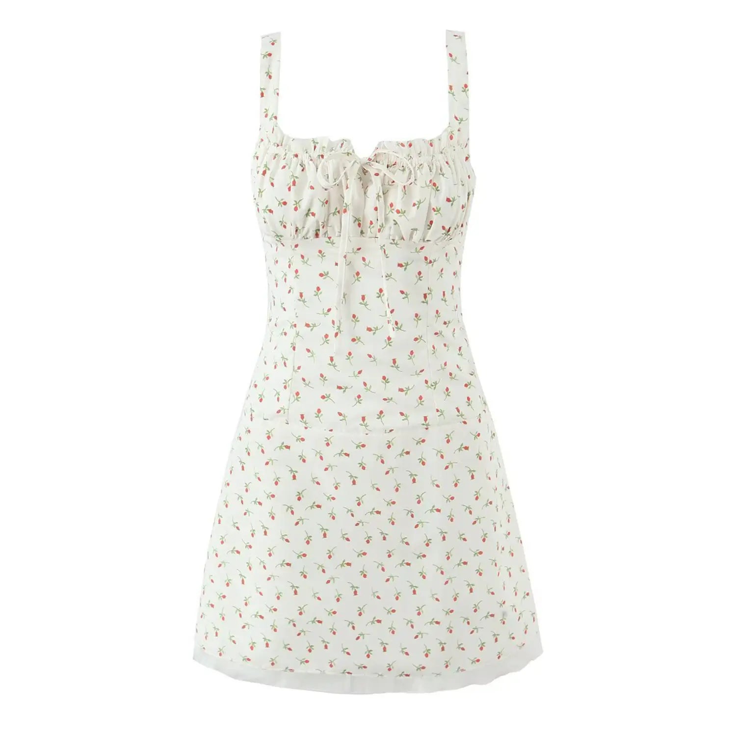 Isolated white background studio front view ditsy rose bud print cami mini dress square ruffle neck front tie