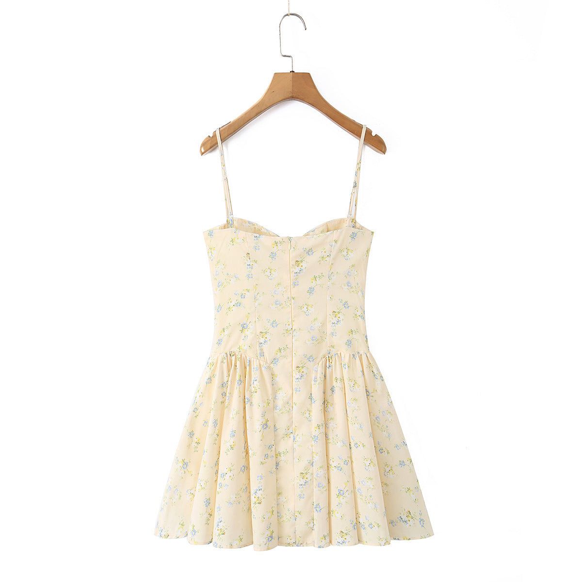 Women's yellow ditsy floral spaghetti strap bustier mini sundress with flared skirt by dingdingding, lightweight fabric and floral print.