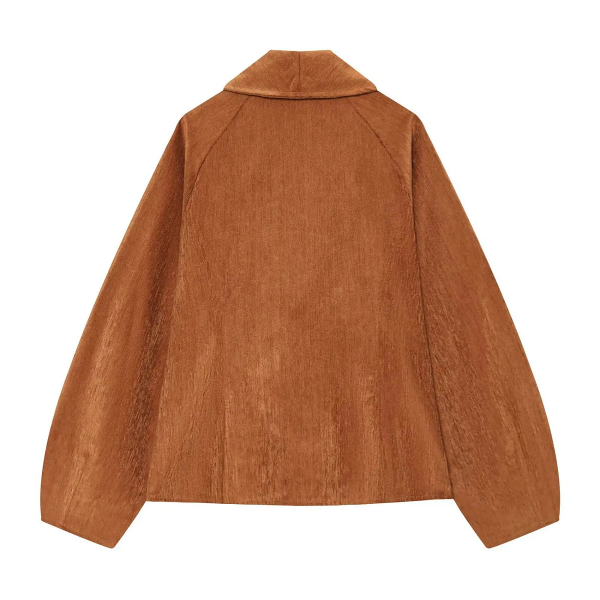Back flat lay of caramel double breasted cropped blazer