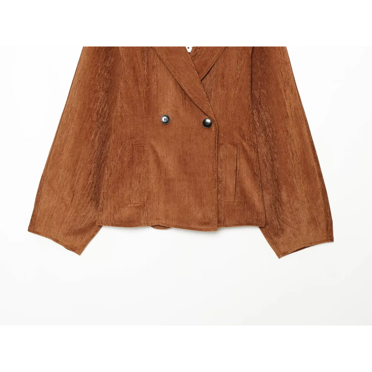 Front flat lay of caramel blazer with pockets