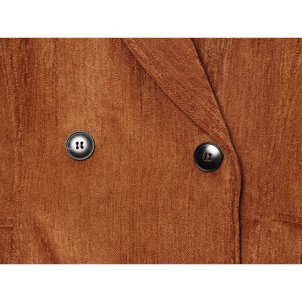 Close-up of caramel double breasted buttons