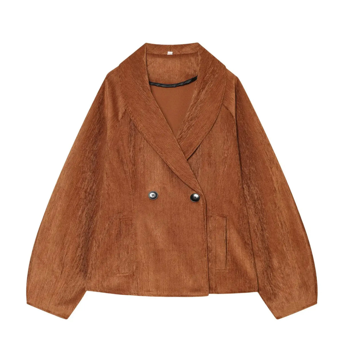 Front flat lay of caramel double breasted cropped blazer