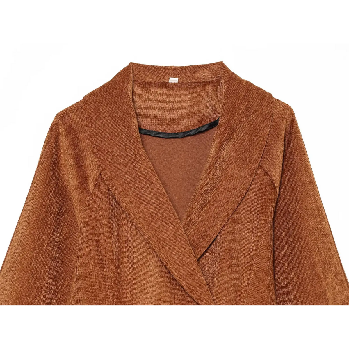 Close-up of caramel shawl collar neckline