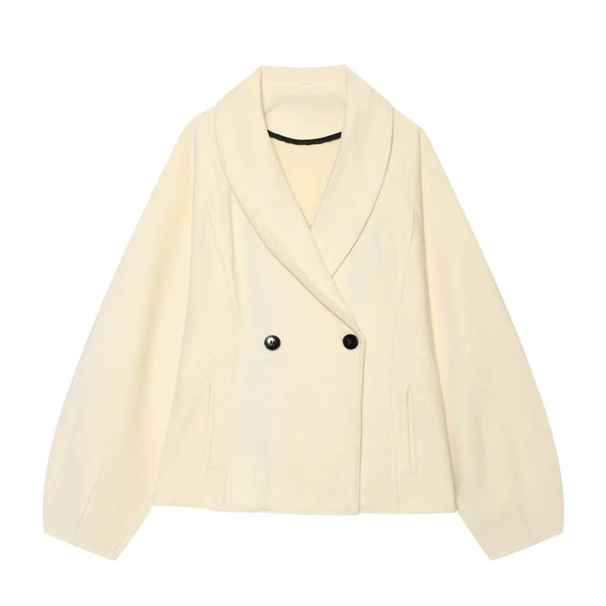 Front flat lay of cream double breasted cropped blazer
