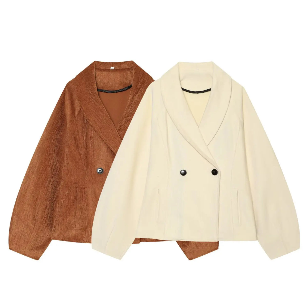 Two colorways of double breasted cropped blazer side by side