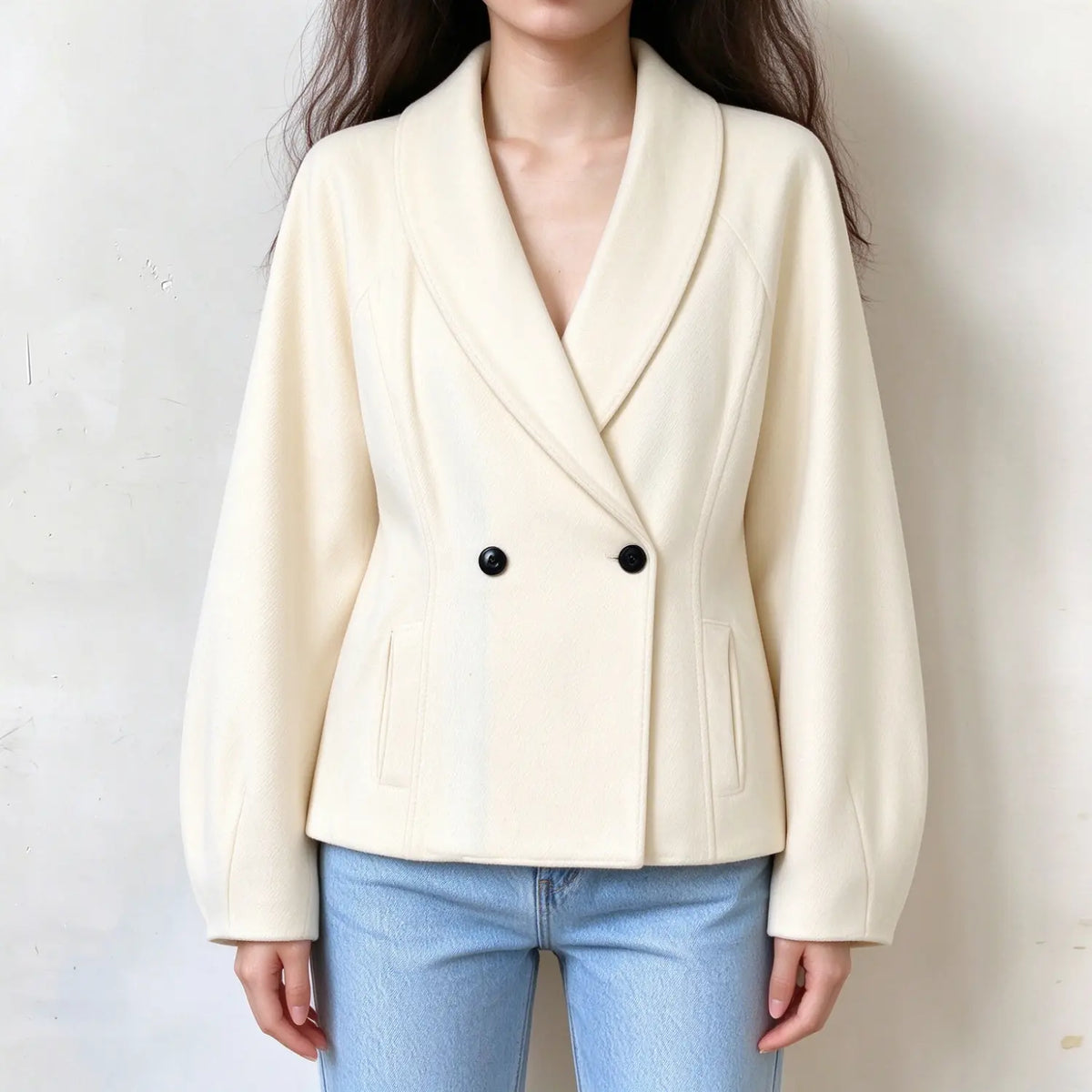 Model wearing cream double breasted cropped blazer, front view