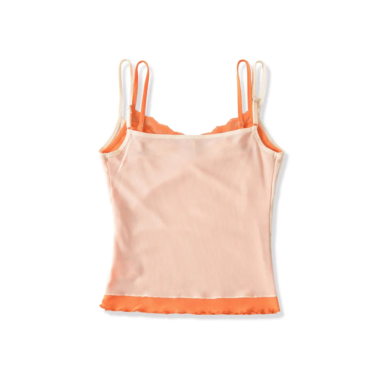 Double layer color block mesh cami tank full back plain white flat lay, smooth back panel adjustable thin straps solid lining double mesh layering cami back detail shot