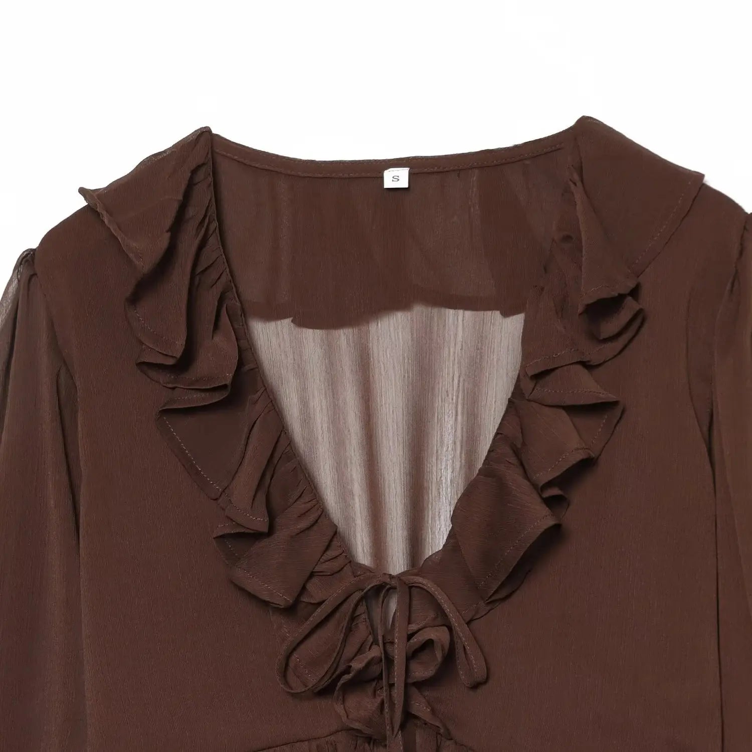 Double layer ruffle V neck front tie macro close-up, wavy frill trim surround deep V neck matching fabric drawstring bow adjustable tightness neat serging stitch craft shot