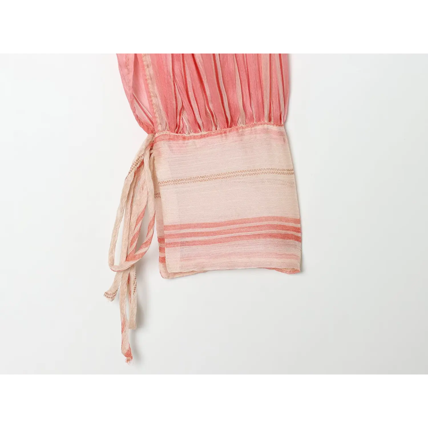 Sleeve cuff close-up, elastic gathered cuff with matching stripe fabric tie string