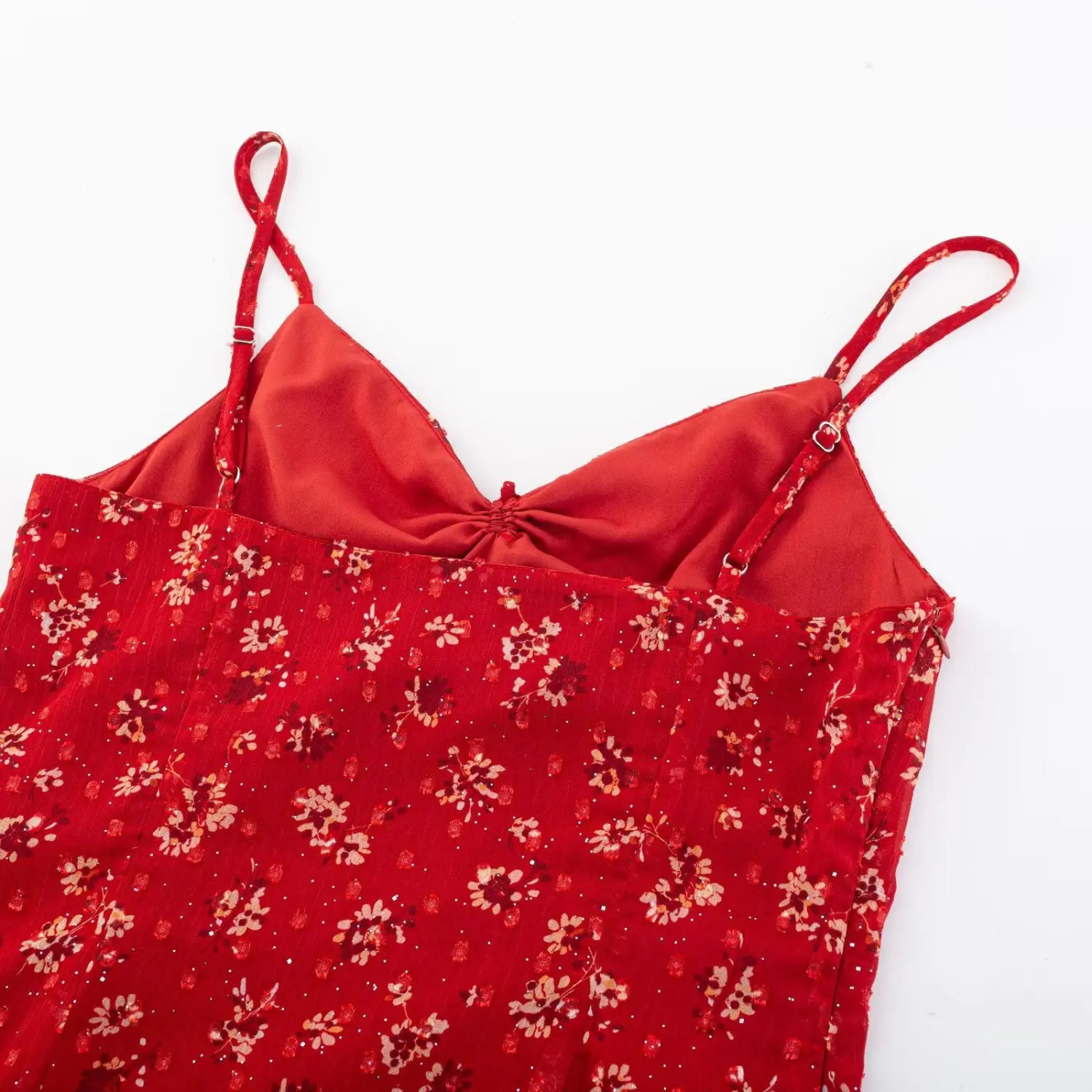 Dress back strap adjuster & lining macro close-up, sliding metal adjuster full soft solid lining anti-see-through inner craft shot