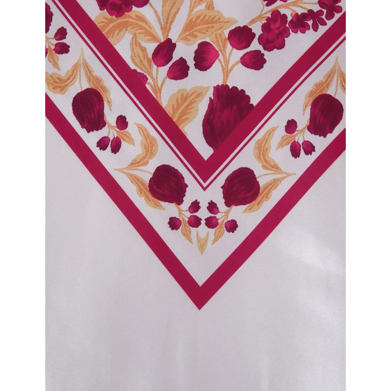 Macro close‑up of diamond bandana floral geometric print, burgundy flower and leaf pattern on white satin
