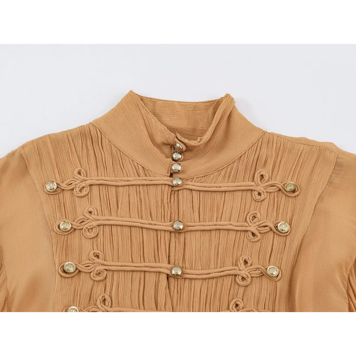 Close‑up of stand collar, decorative frog fasteners and gold metal buttons on camel maxi dress