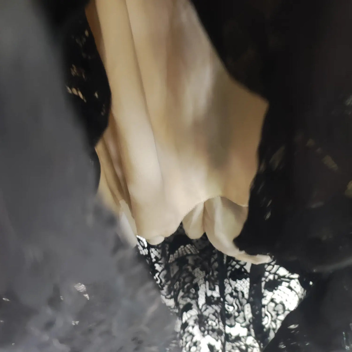 Detail view of nude inner lining beneath black lace overlay