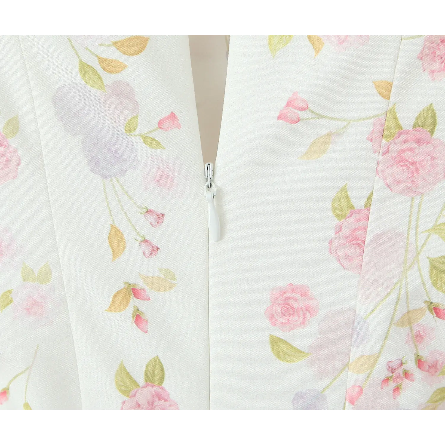 Close‑up of invisible back zipper on cream pink‑purple rose floral printed corset dress