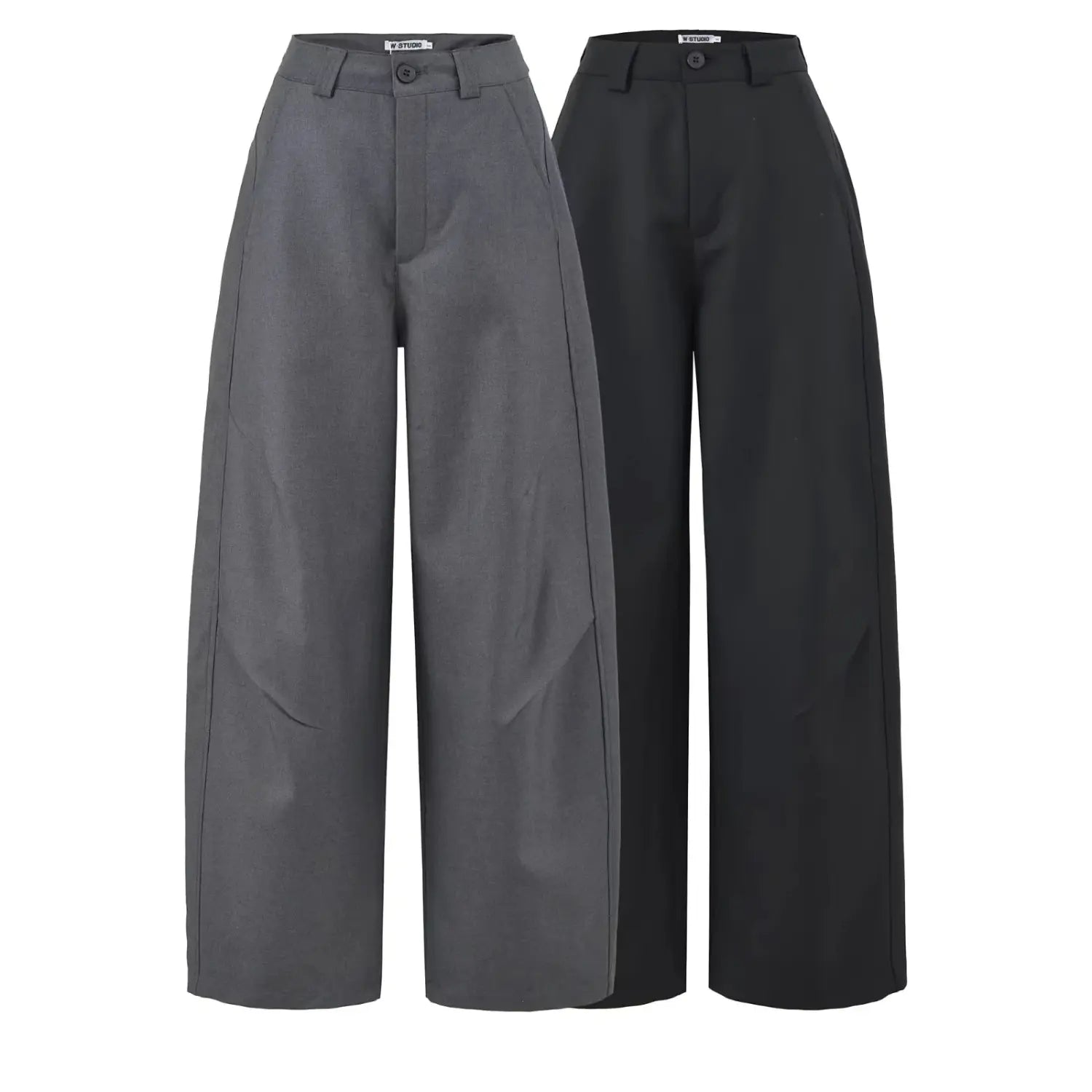 Front studio shot of two color women high rise wide leg tailored pants, charcoal gray and black side by side