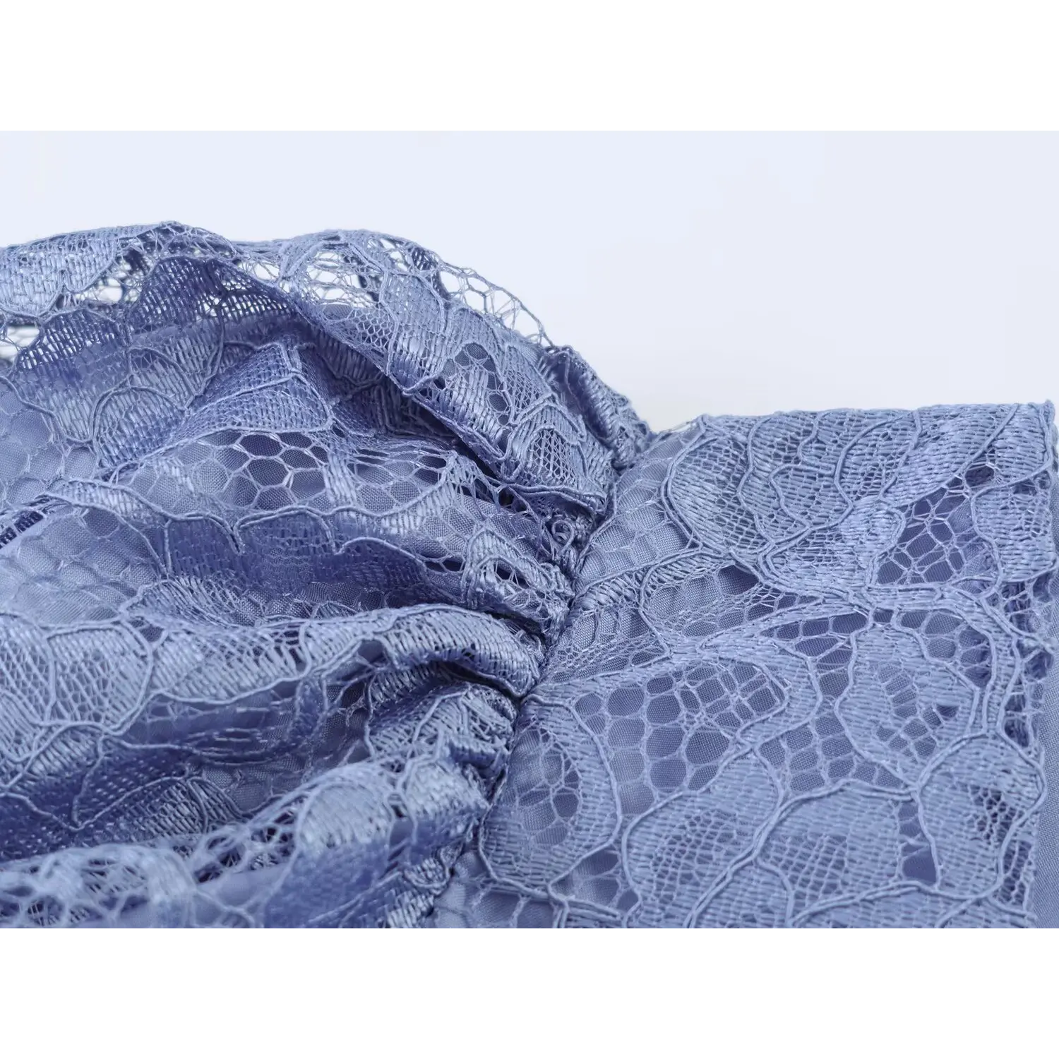 Extreme close‑up floral lace texture and stitching detail dusty blue maxi dress