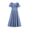 Flat lay front view dusty blue lace maxi dress with v‑neck puff short sleeve and back zipper