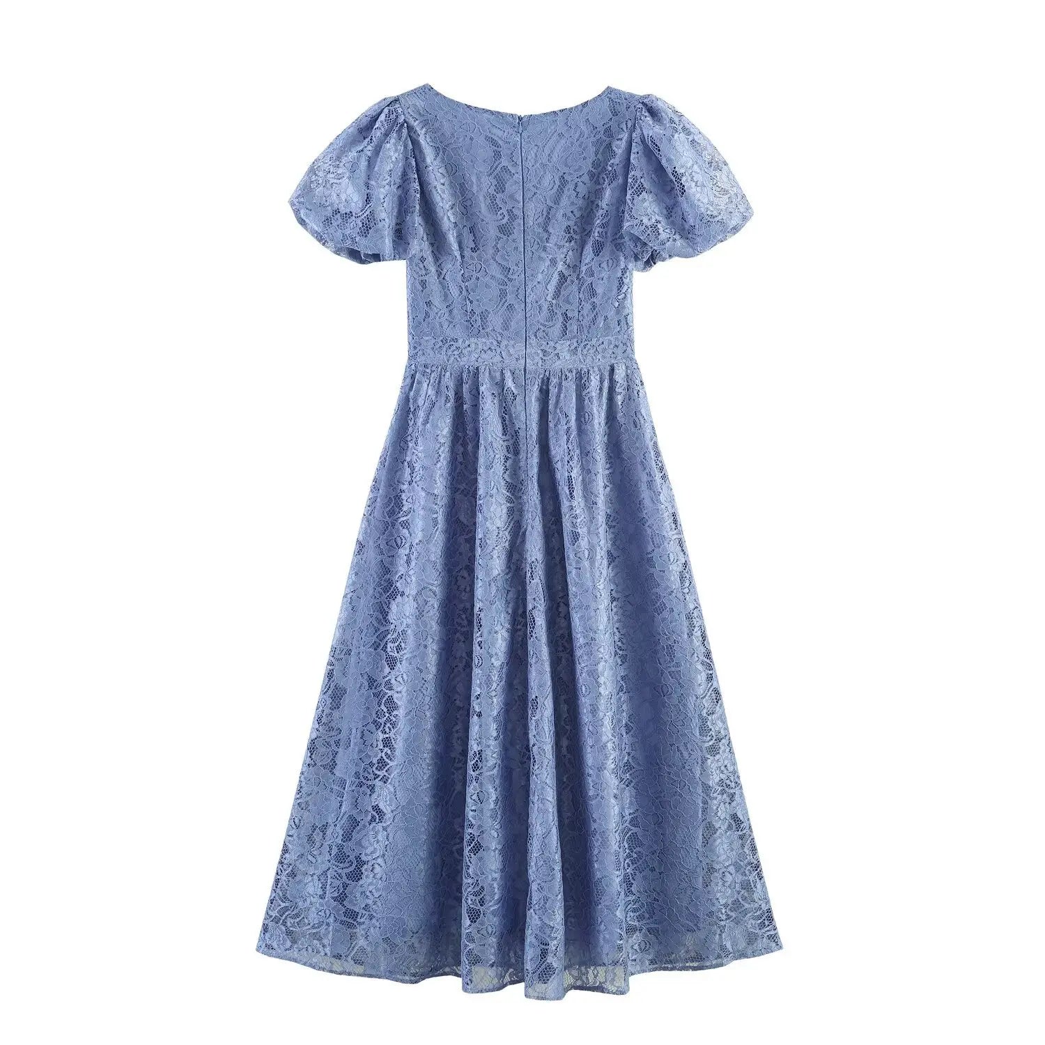 Flat lay back view dusty blue lace maxi dress puff sleeve back centre zipper closure