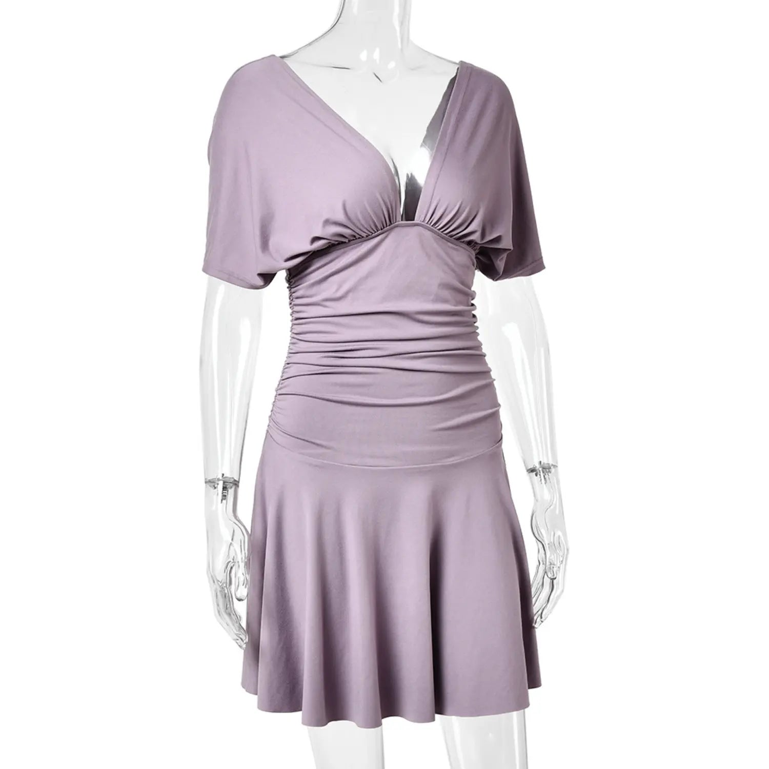 Dusty lilac stretch jersey dress, side view on transparent mannequin