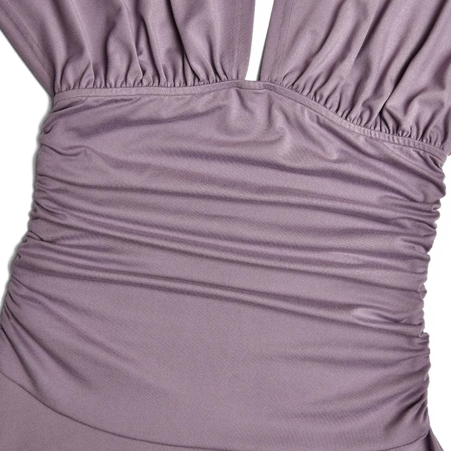 Torso detail of waist ruched stretch lilac mini dress