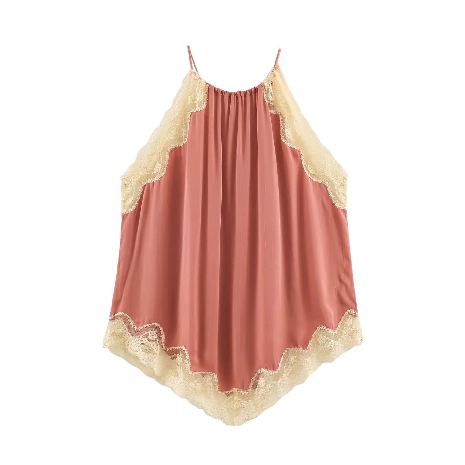 Front flat product shot dusty pink halter camisole, scalloped lace trim, uneven wavy hem