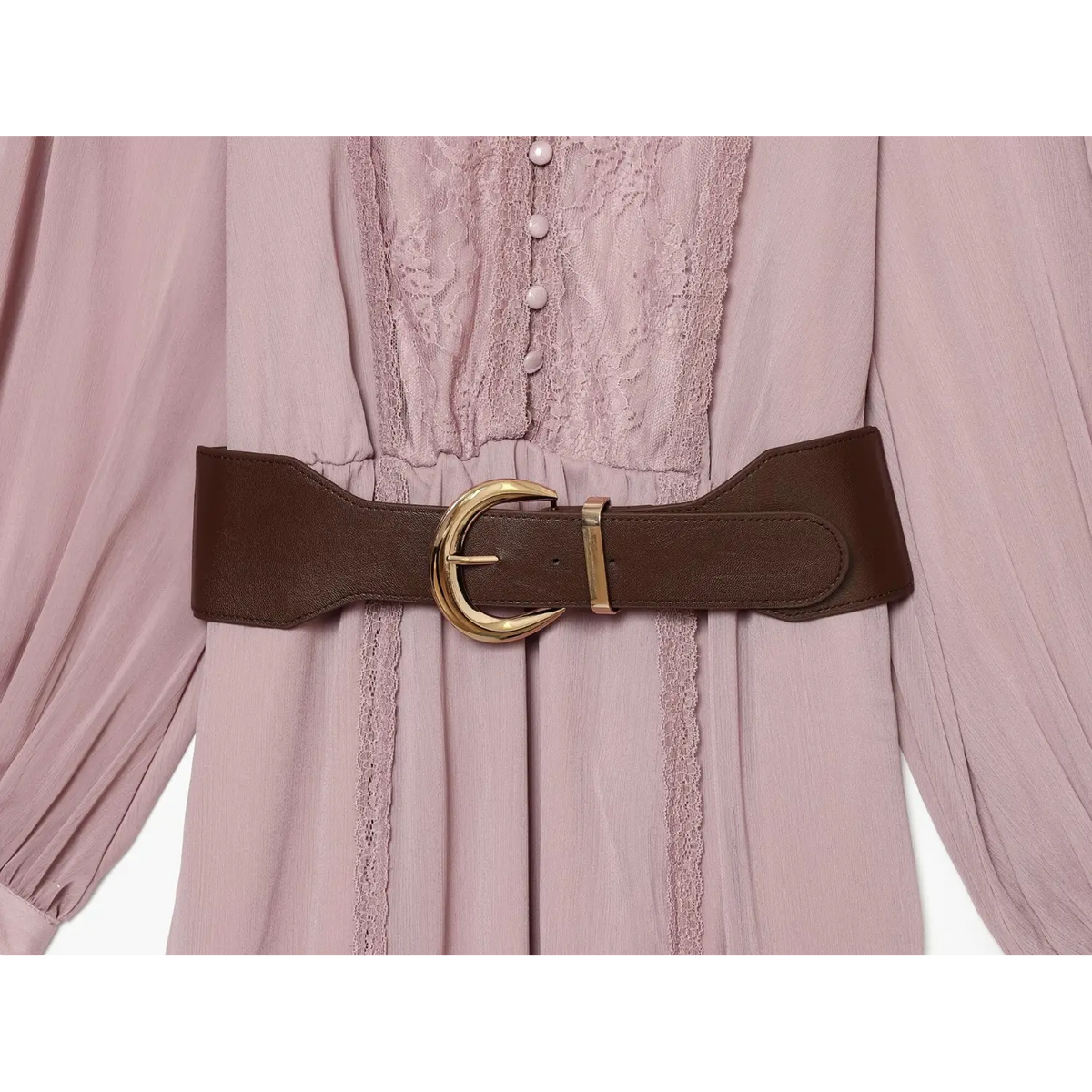 Close-up of brown leather belt with gold C buckle