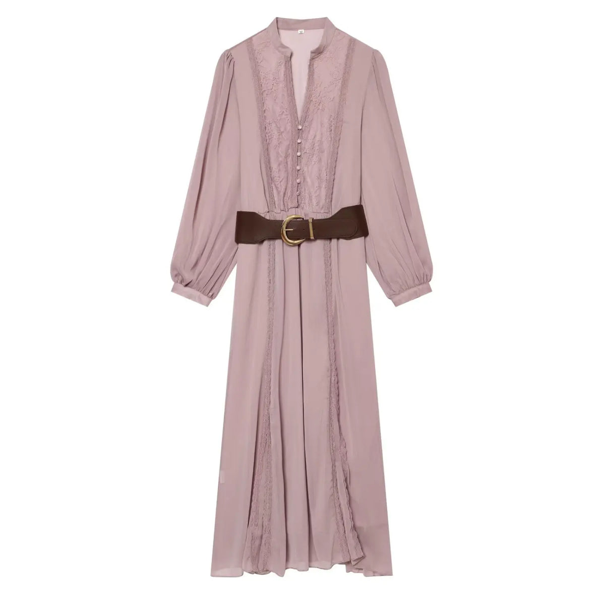 Dusty pink lace trim belted midi dress, front flat lay