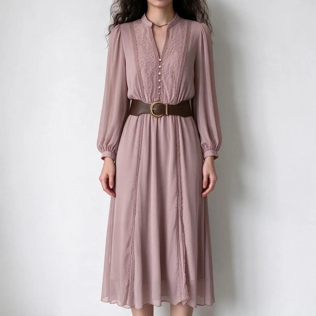 Model wearing dusty pink lace trim belted midi dress, front view