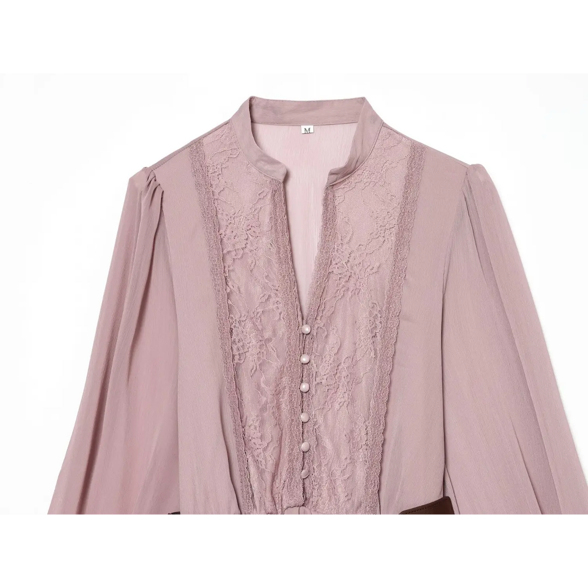 Close-up of stand collar V notch and lace button placket