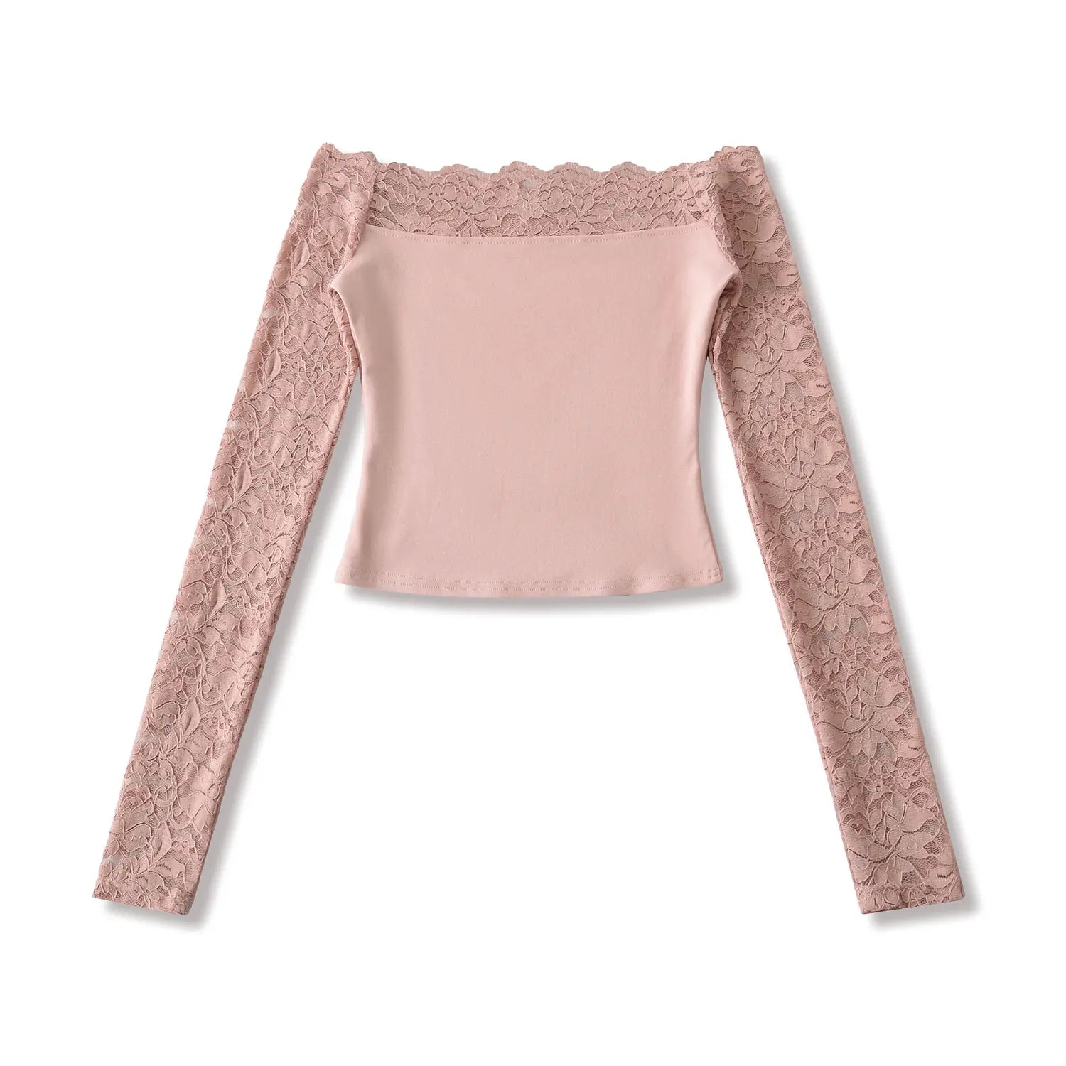 Flat‑lay view dusty pink off‑shoulder cropped blouse with sheer floral lace long sleeves