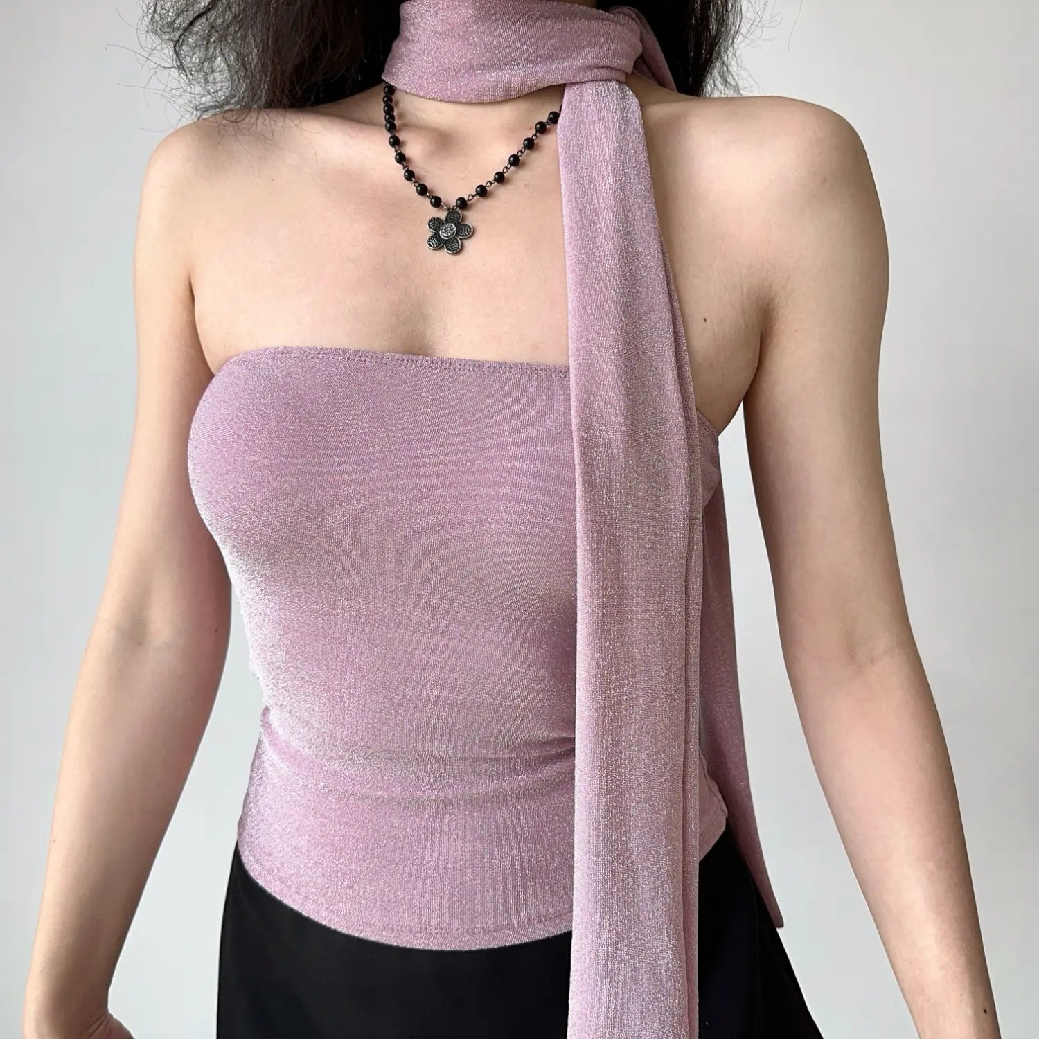 Dusty pink glitter strapless cropped tube top, matching long wrap choker tie ruched waist fitted women y2k camisole