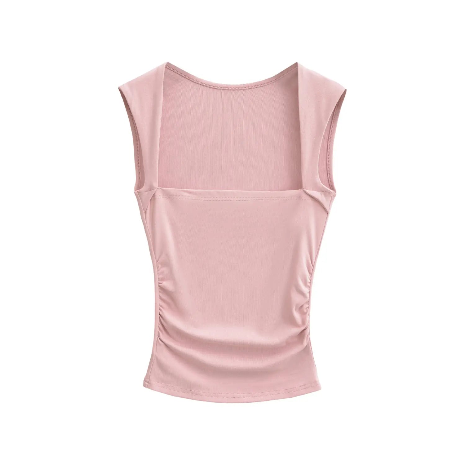 Full flat front view of dusty pink square neck ribbed tank top, wide square shoulder straps, side waist ruched design