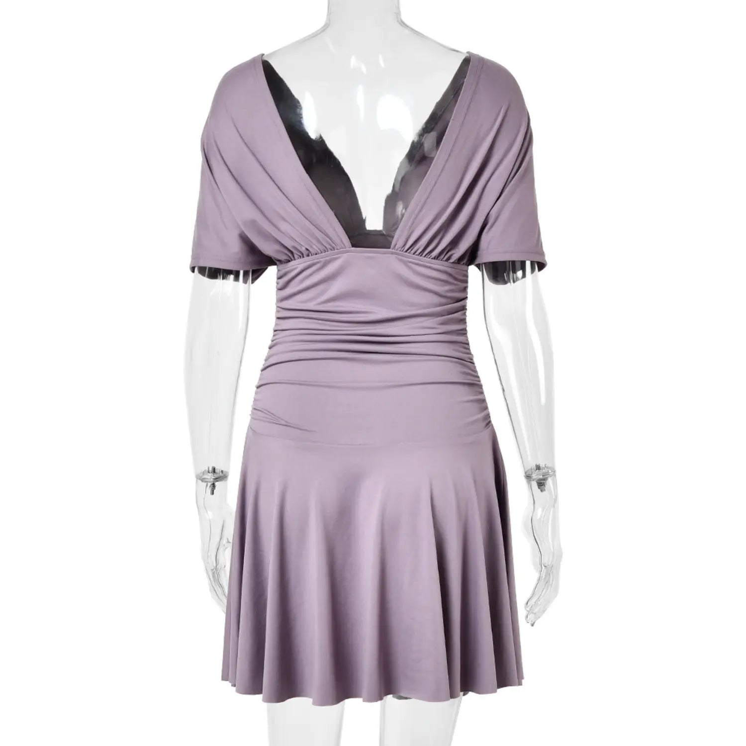 Backless deep V dusty purple mini dress with flutter sleeves, mannequin back shot