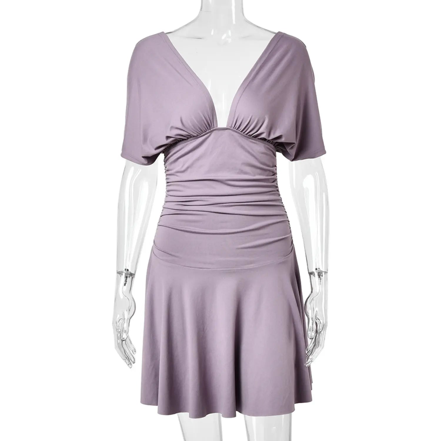 Dusty purple deep V neck ruched mini dress with flutter short sleeves, mannequin front view
