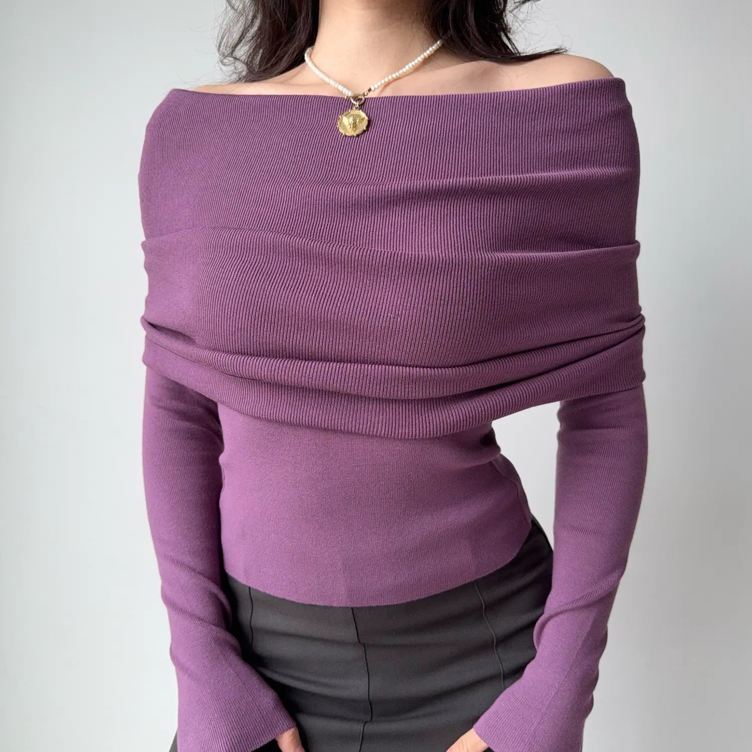 Dusty purple ribbed knit off shoulder top with folded layered neckline, long fitted sleeve slim cropped women elegant basic tee