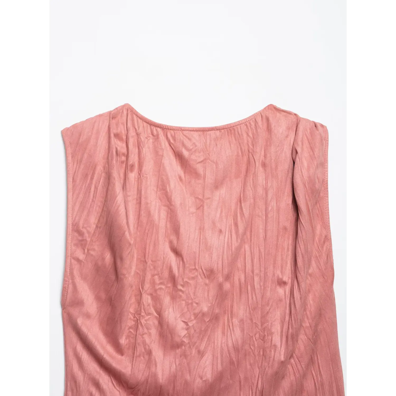 Full back partial view of dusty rose crinkled satin twist shoulder top