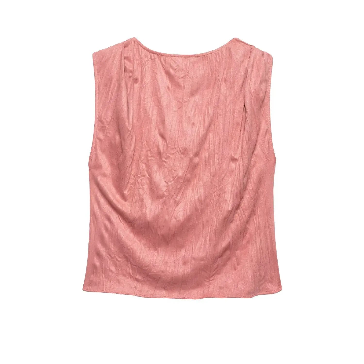Full back view on white background of dusty rose crinkled satin twist shoulder sleeveless top