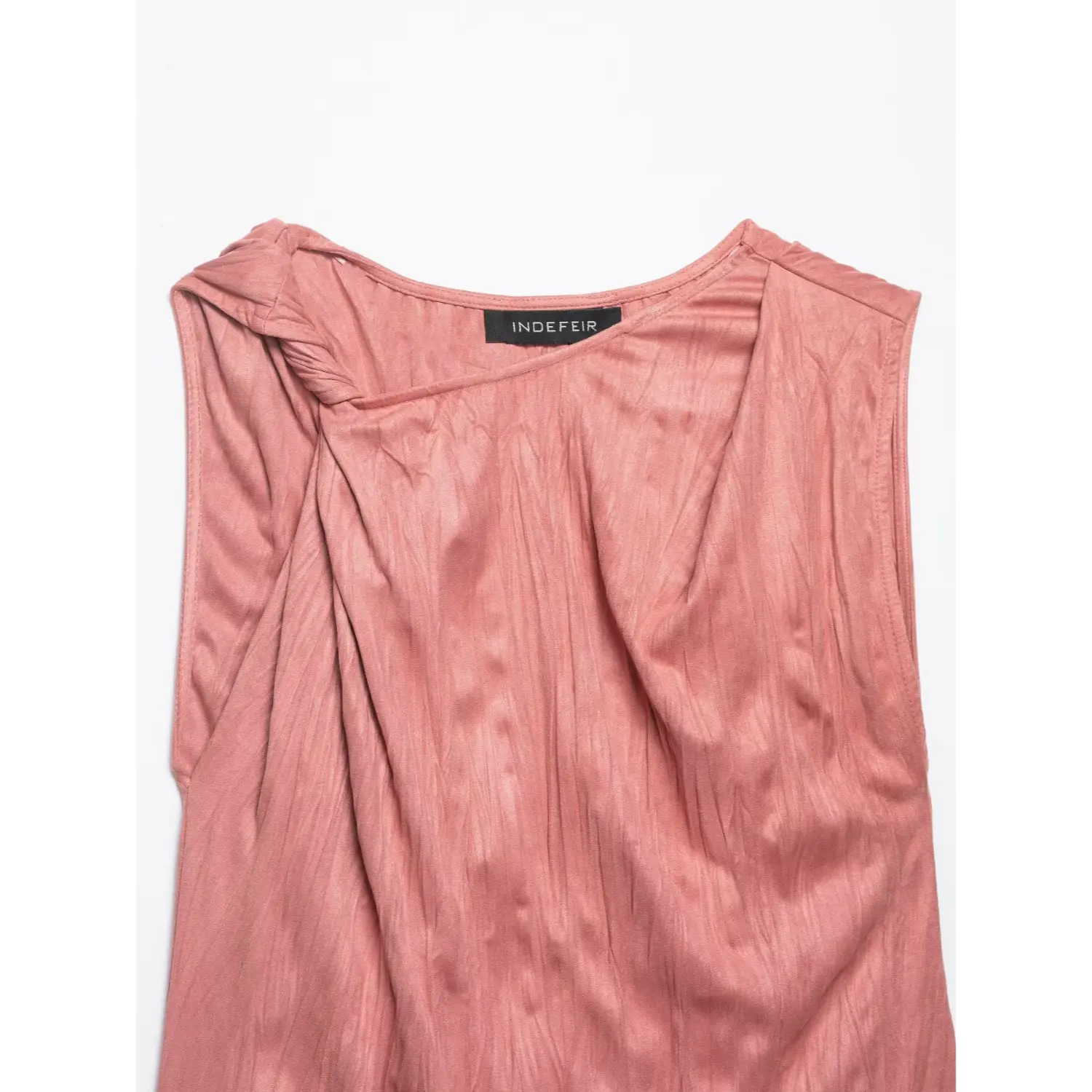 Full front view of dusty rose crinkled satin twist shoulder sleeveless top with crew neckline