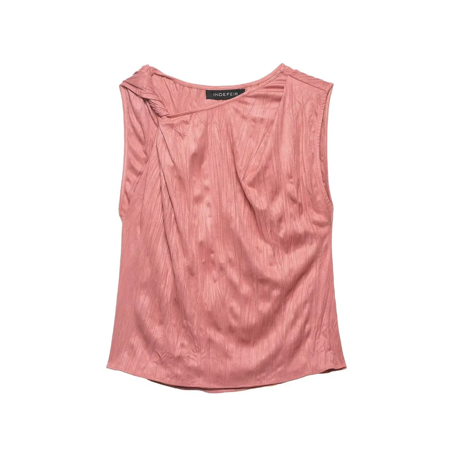 Full front view on white background of dusty rose crinkled satin twist shoulder sleeveless top